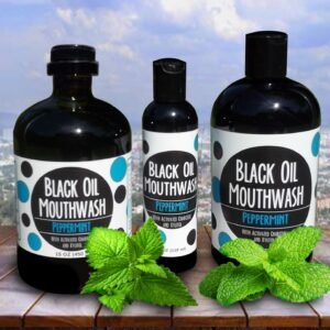 Oil pulling mouthwash with charcoal and xylitol peppermint flavor